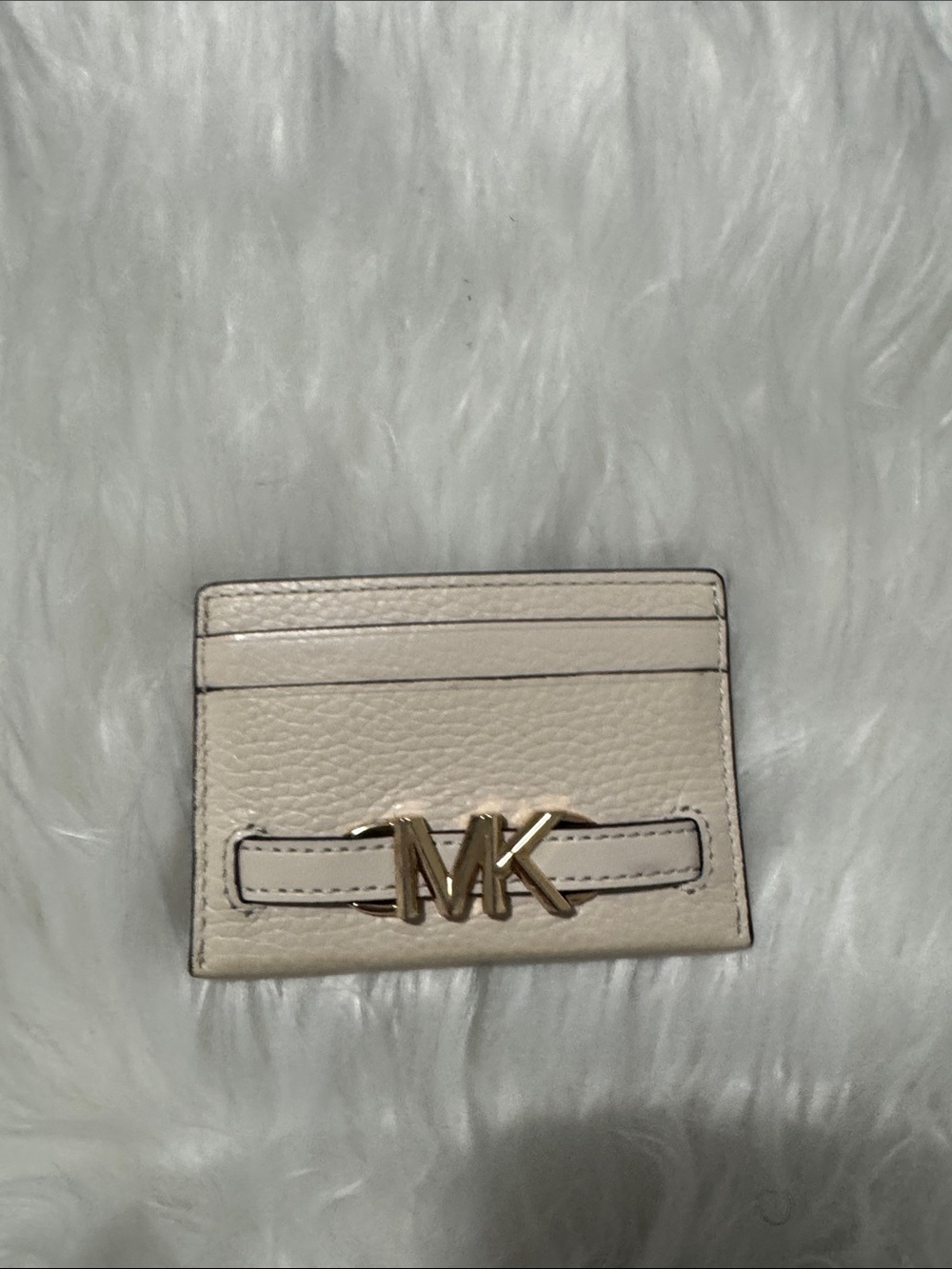 Michael Kors Beige Leather Card Case with Gold MK Emblem